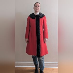 Elegant Red Coat with Black Fur Trim